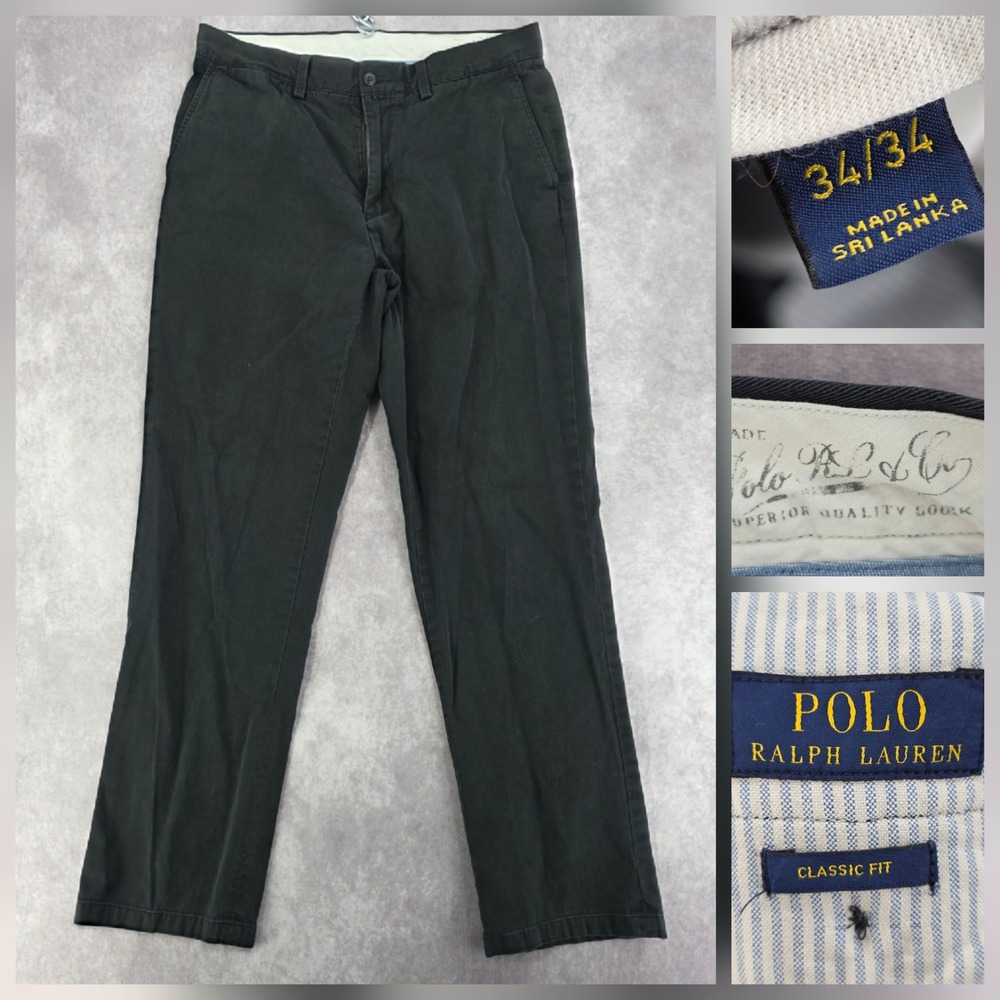 Polo Ralph Lauren Black Chino Pants Mens 34x34 Straight Leg Trousers Fits 34x33